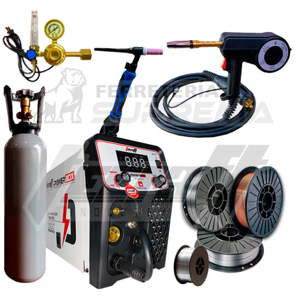 SOLDADOR MULTIPROCESO 160AH 110/220V + CILINDRO 5L + ANTORCHA TIG LIFT + ANTORCHA SPOOL GUN + ROLLO SOLIDO ALUMINIO 500GR + ROLLO SOLIDO ACERO AL CARBON 5KG + ROLLO FLUX CORED ACERO AL CARBON 5KG + ROLLO SOLIDO ACERO INOX 5KG + REGULADOR