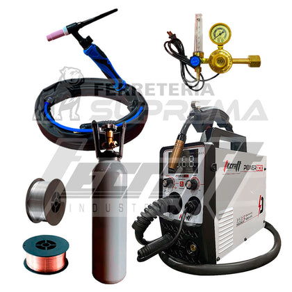 SOLDADOR MULTIPROCESO 120AH 110V + CILINDRO 3L + ROLLO SOLIDO 1KG + ROLLO FLUX CORED 1KG + ANTORCHA TIG LIFT + REGULADOR