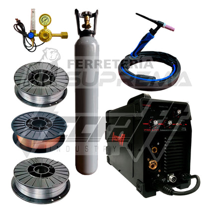 SOLDADOR MULTIPROCESO 180AH 110/220V + CILINDRO 10L + ANTORCHA TIG LIFT + ROLLO SOLIDO ACERO AL CARBON 5KG + ROLLO FLUX CORED ACERO AL CARBON 5KG + ROLLO SOLIDO ACERO INOX 5KG